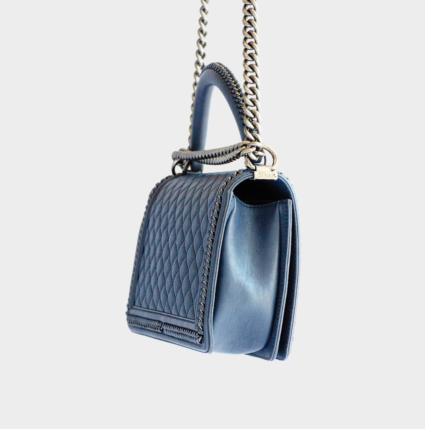 CHANEL - BAG BOY LARGE NAVY BLUE WITH RUTHENIUM CHAIN