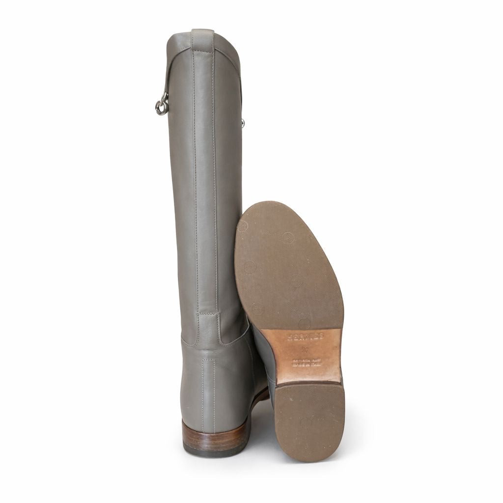 HERMÈS - BOOTS JUMPING LEATHER ÉTOUPE SILVER HARDWARE SIZE 37 EU