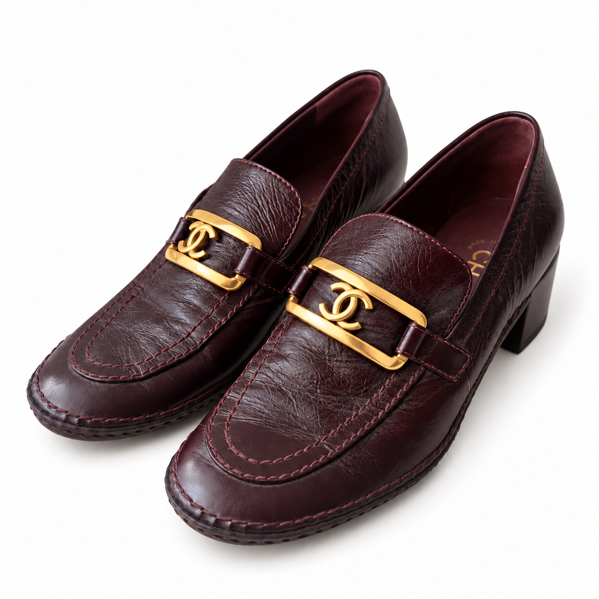 CHANEL - PUMPS BORDEAUX CALFSKIN LEATHER WITH GOLD TONE SIZE 37 EU