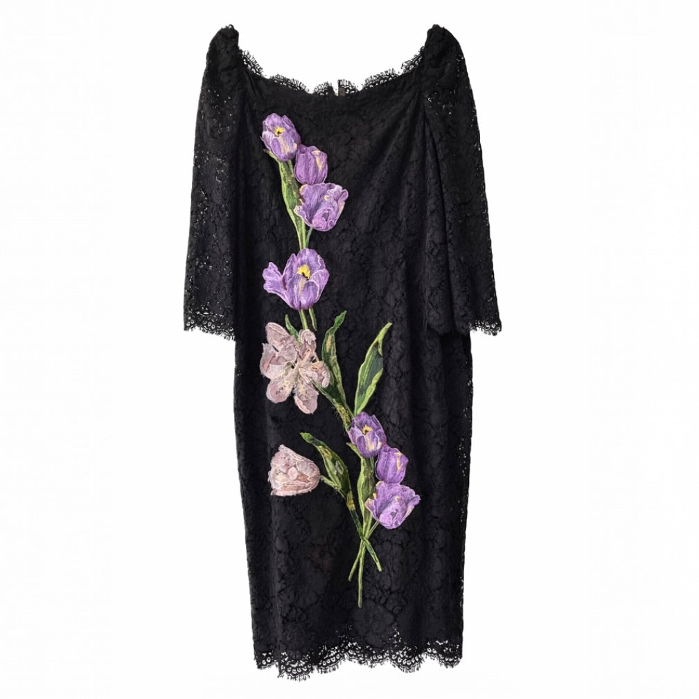 DOLCE & GABBANA - DRESS MIDI BLACK LACE EMBROIDERED PURPLE FLOWERS SIZE 48 IT