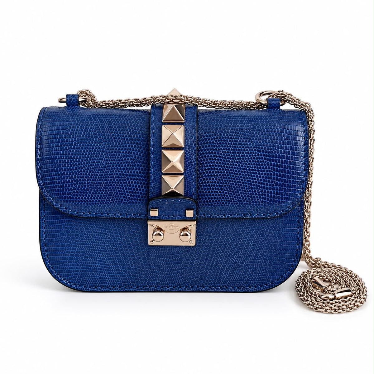 VALENTINO - BAG ROCKSTUD GLAM LOCK BLUE LIZARD-EMBOSSED LEATHER SILVER-TONE HARDWARE