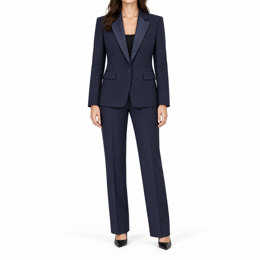 SAINT LAURENT - SUIT SMOKING JACKET AND TROUSERS BLUE WITH SATIN LAPELS SIZE 40 FR / 44 IT