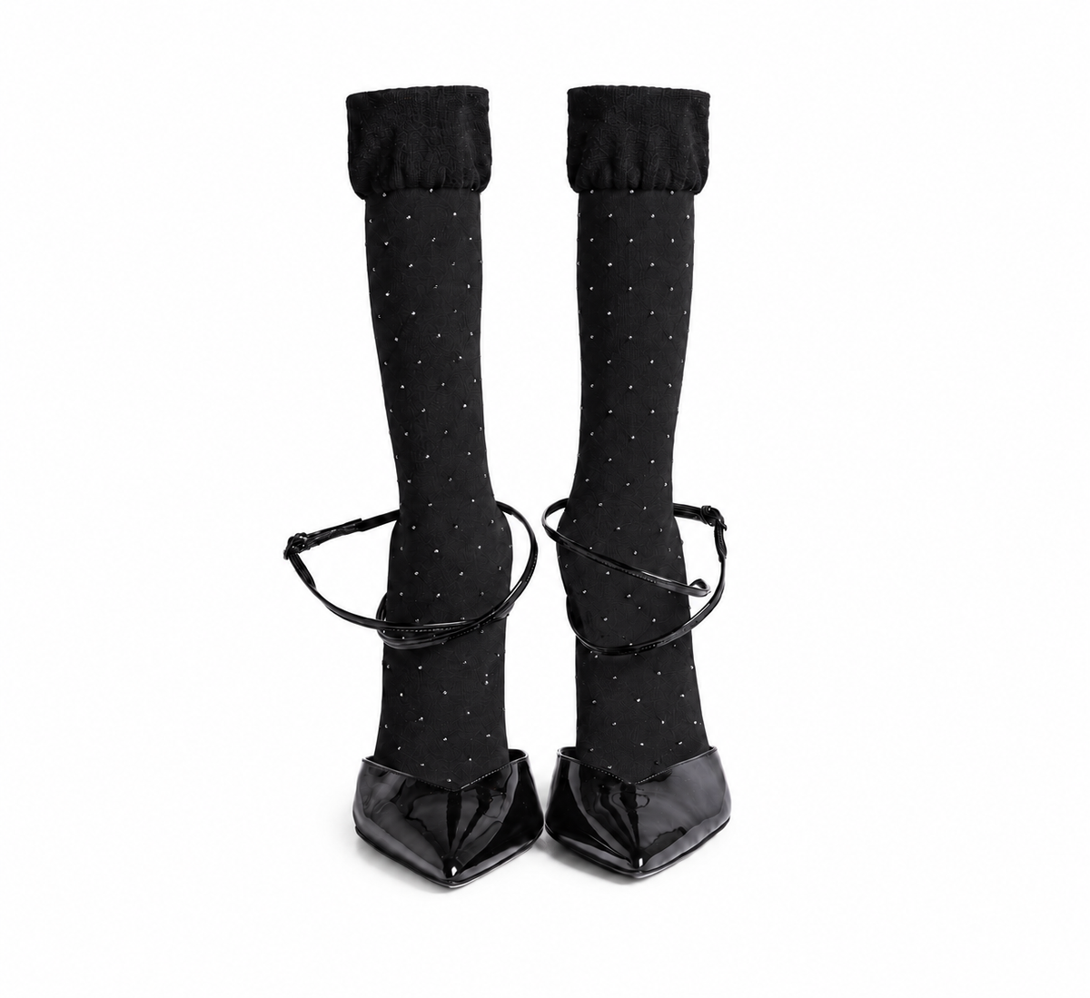 SAINT LAURENT - *NEW* PUMPS BLACK PATENT LEATHER POINTED-TOE WITH RHINESTONE-EMBELLISHED KNEE-HIGH SOCKS SIZE 39 EU