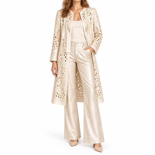 VALENTINO - *RARE* JACKET AND TROUSERS EMBROIDERED LEATHER GOLD SIZE 10 UK / 42 IT / 38 FR