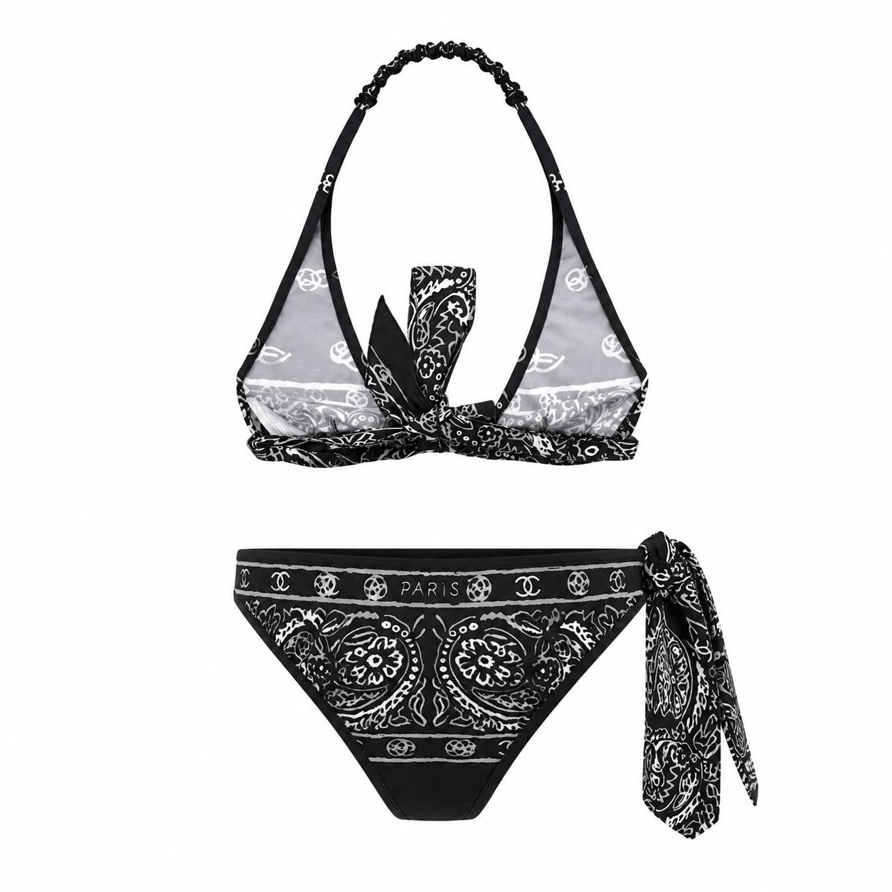 CHANEL - BIKINI BLACK & WHITE CAMELLIA AND LOGO PRINT SIZE 36 FR