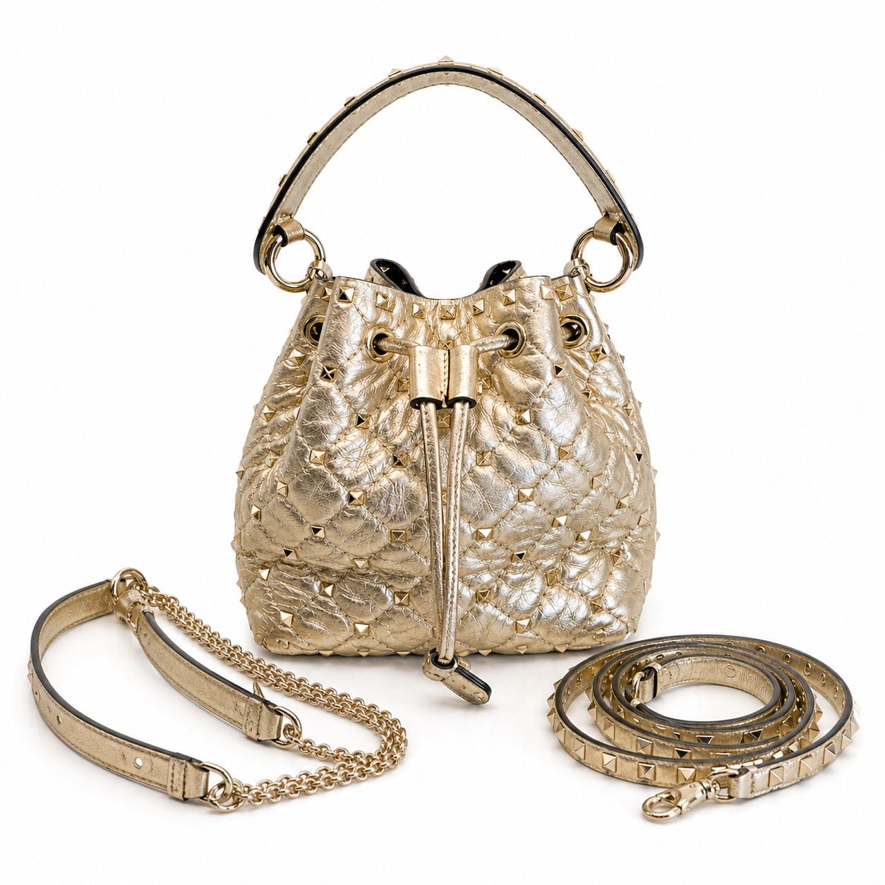 VALENTINO - *NEVER USED* BAG BUCKET ROCKSTUD GOLD LEATHER DOUBLE STRAP