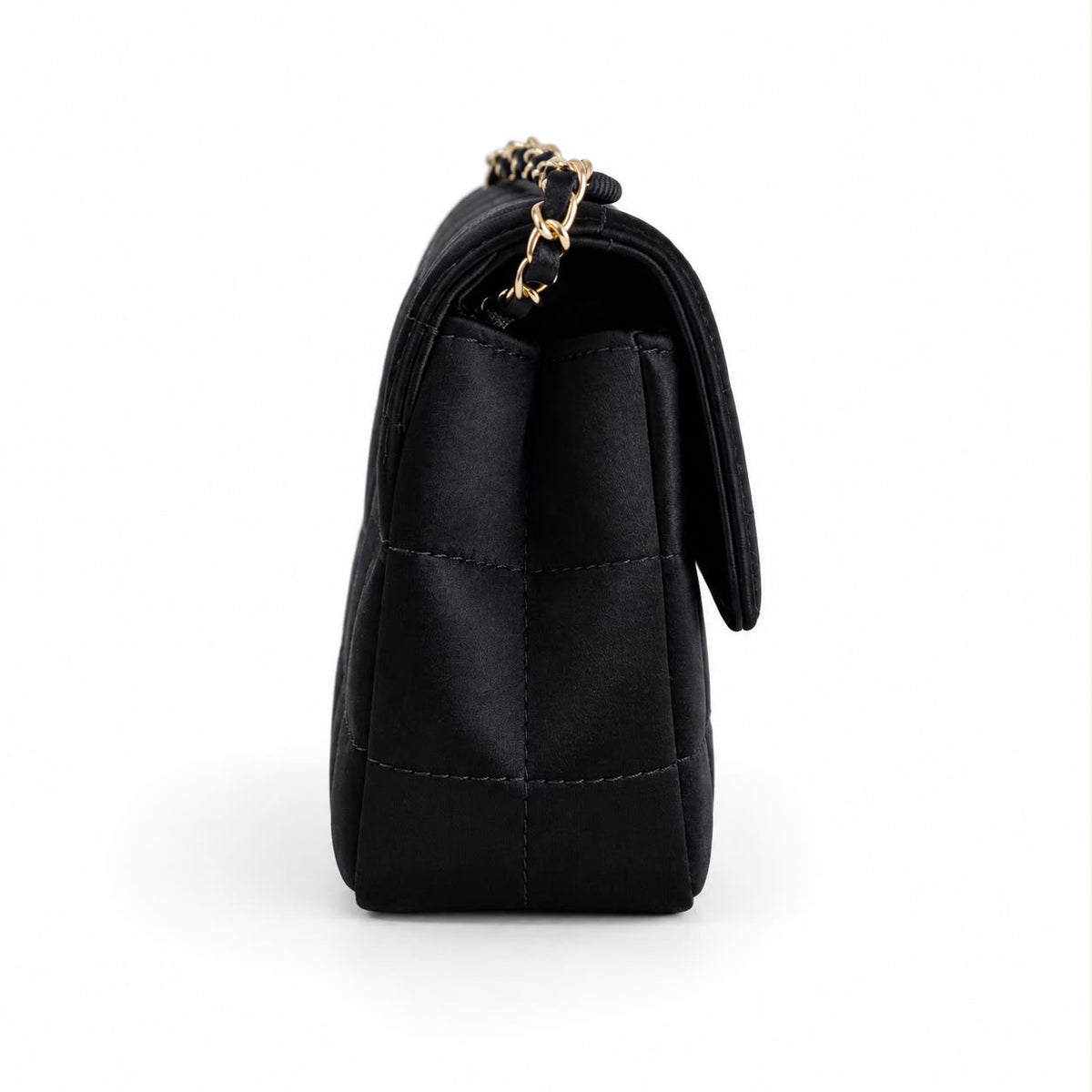 CHANEL - SMALL BAG BLACK SATIN CHOCOLATE BAR QUILTED FLAP WITH GOLD-TONE HARDWARE