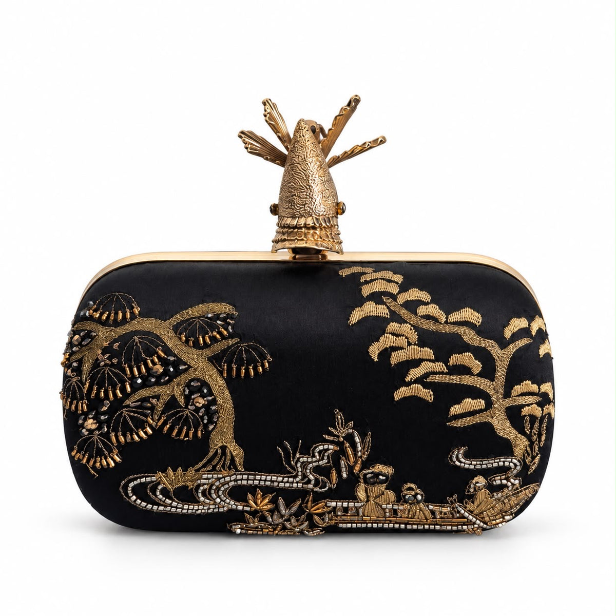 ALEXANDER MCQUEEN – CLUTCH BLACK SATIN EMBROIDERED WITH GOLD-TONE SAMURAI SKULL CLOSURE