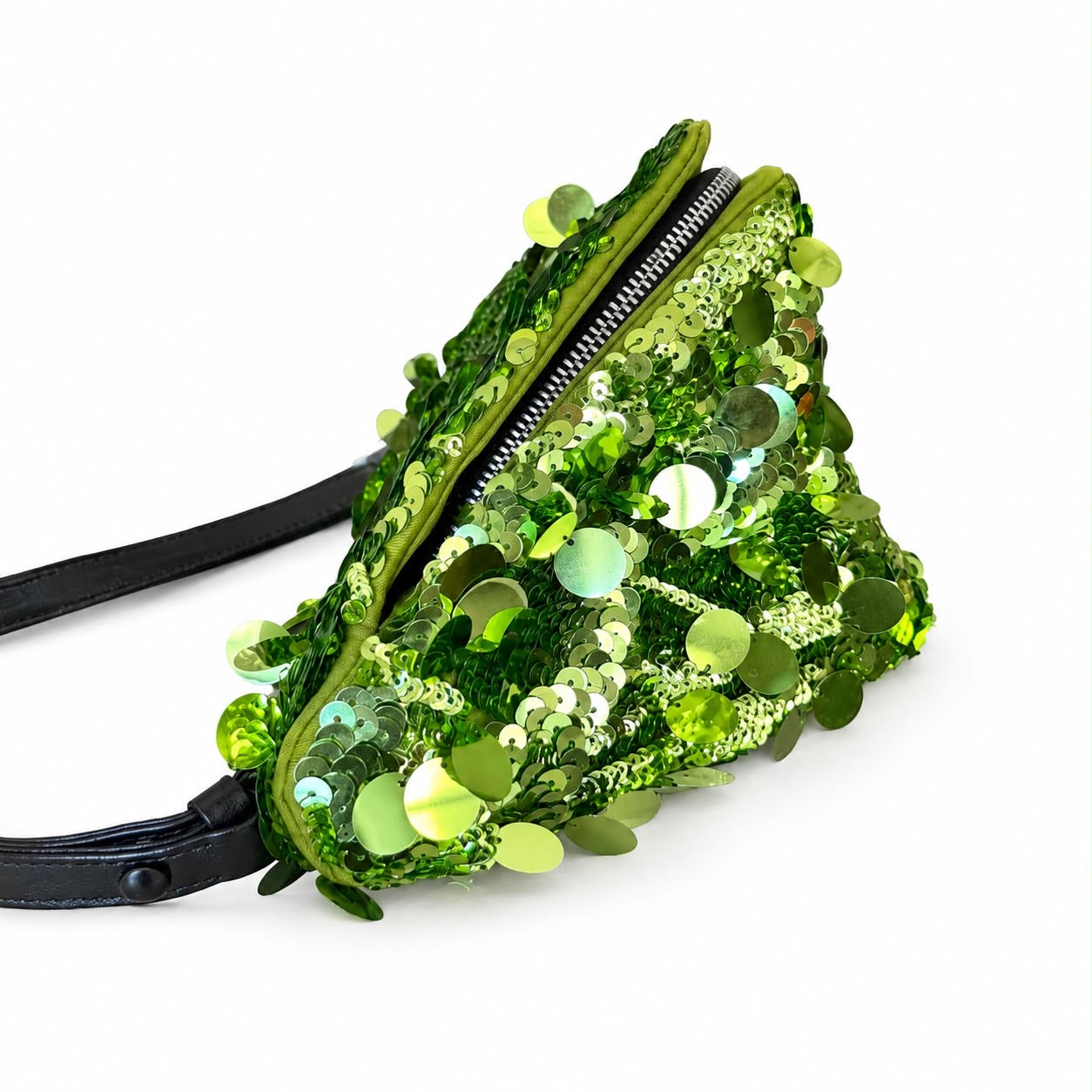 PRADA - BAG GREEN SEQUIN TRIANGLE WITH BLACK LEATHER DETAILS