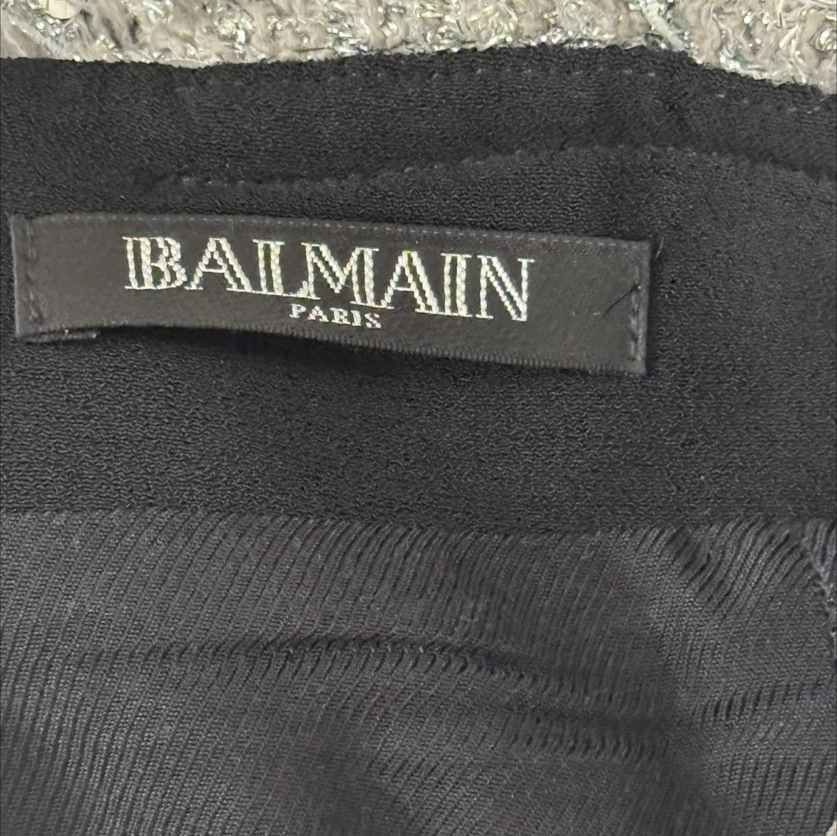 BALMAIN - SKIRT MINI TWEED GREY SEQUIN-EMBELLISHED FRAYED DETAILS SIZE 38 FR