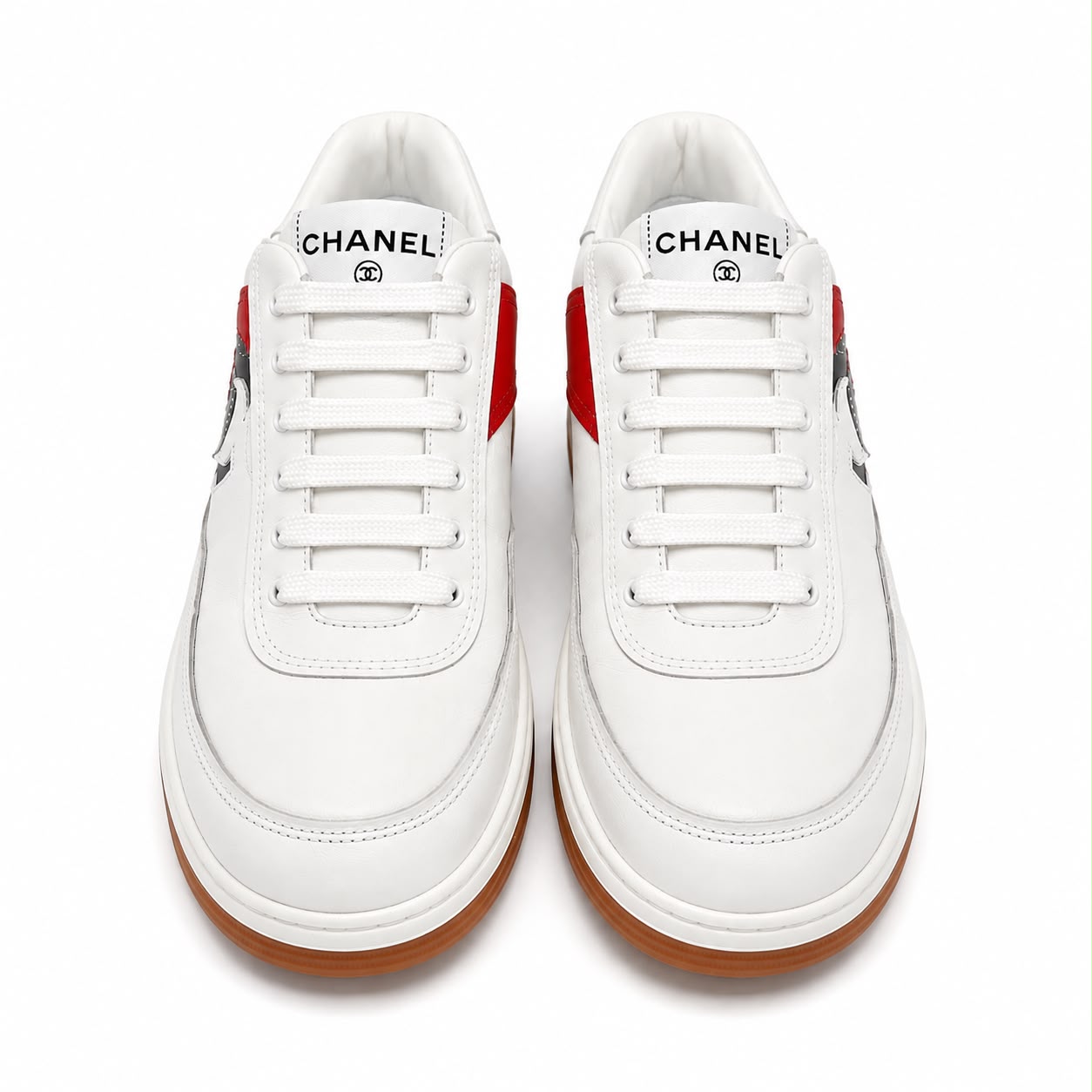 CHANEL - SNEAKERS LEATHER WHITE LOGO CC GREY AND RED SIZE 37 EU