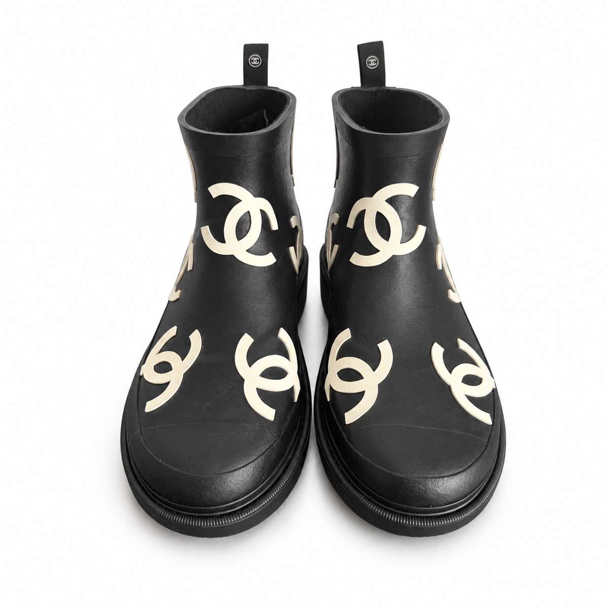 CHANEL - *NEVER WORN* RAIN ANKLE BOOTS BLA K WITH CC LOGO PRINT SIZE 37 EU