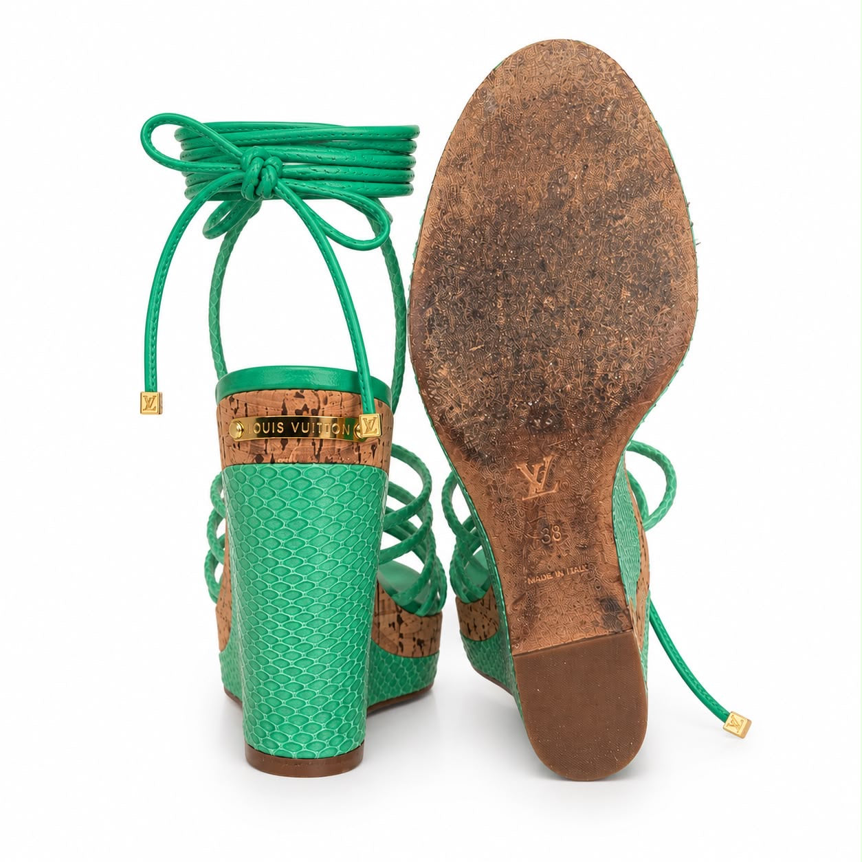 LOUIS VUITTON - WEDGE SANDALS GREN PYTHON WITH CORK SIZE 38 EU