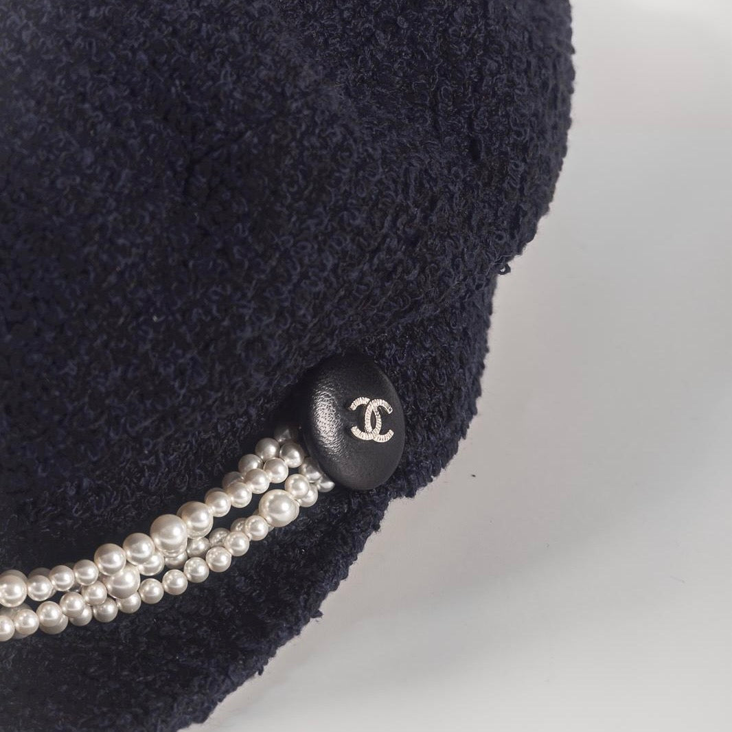 CHANEL - HAT TWEED BLUE WITH PEARLS SIZE S