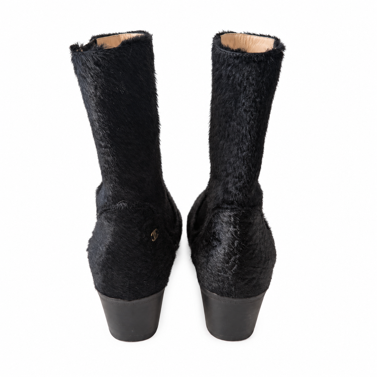 CHANEL – BLACK PONY HAIR CHELSEA ANKLE BOOTS WITH CC LOGO SIZE 37 EU