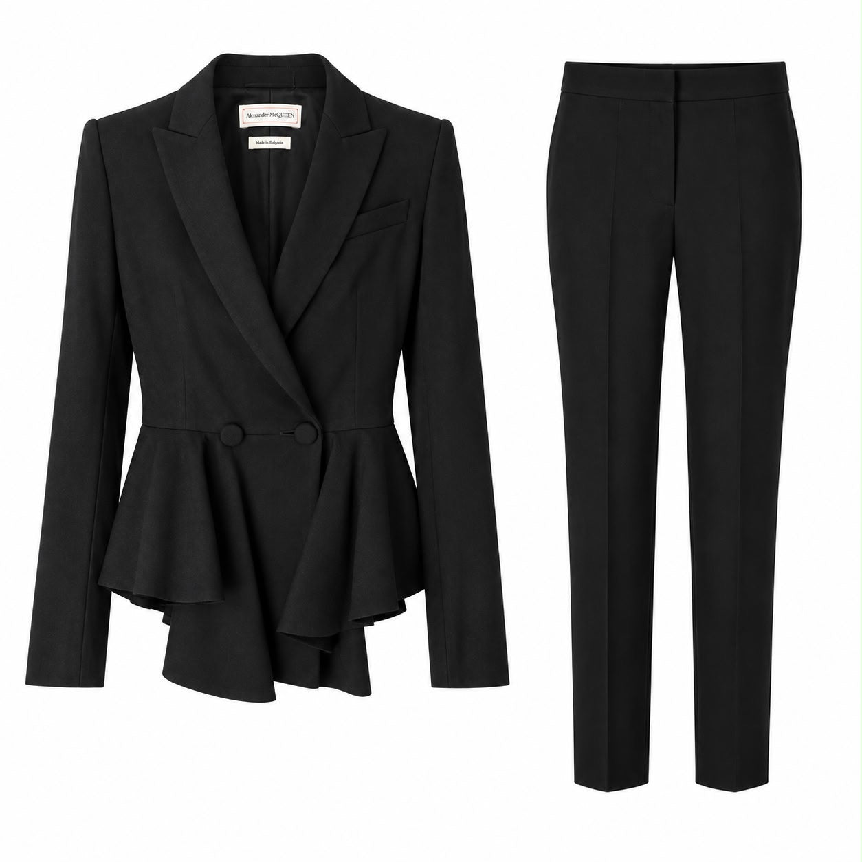 ALEXANDER MCQUEEN - SUIT BLACK WOOL JACKET WITH RUFFLE AND TROUSERS SIZE 36 FR