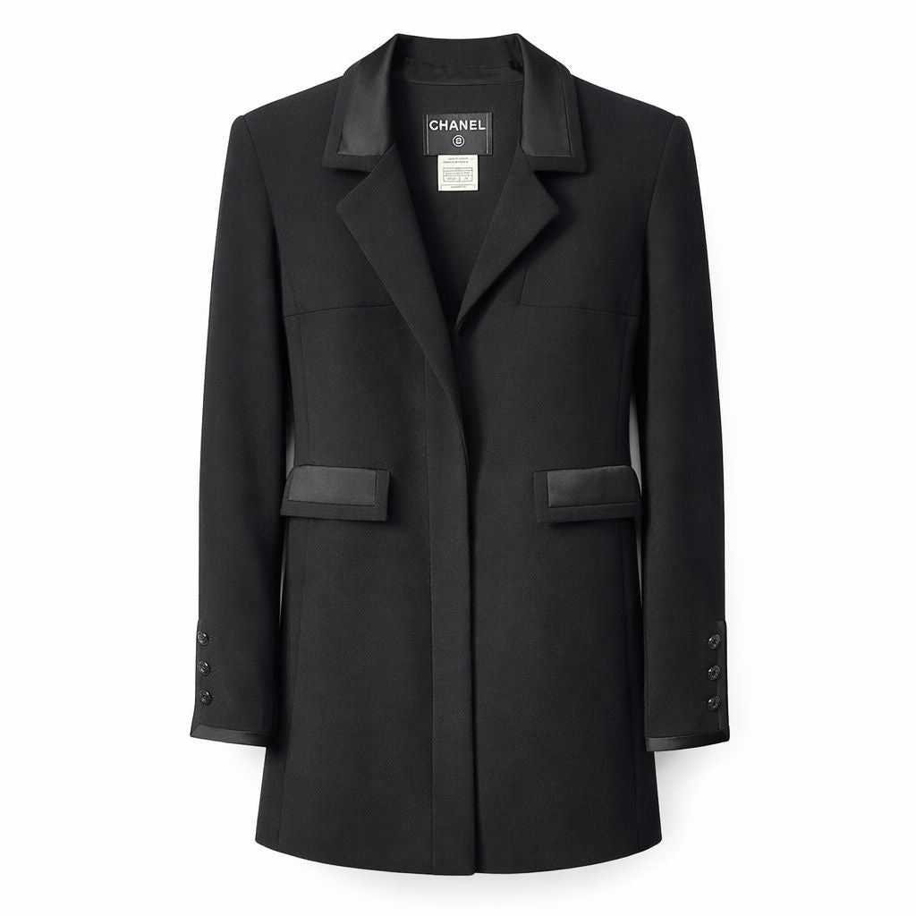 CHANEL - COAT BLACK WOOL WITH SILK DETAILS SIZE 34 FR