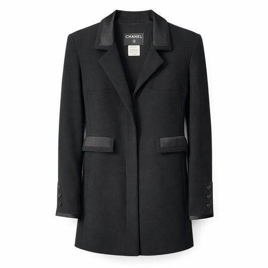 CHANEL - COAT BLACK WOOL WITH SILK DETAILS SIZE 34 FR