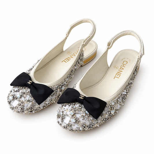 CHANEL - SLINGBACK SHOES IVORY SATIN CRYSTAL & PEARL-EMBELLISHED WITH BOW SIZE 37 EU