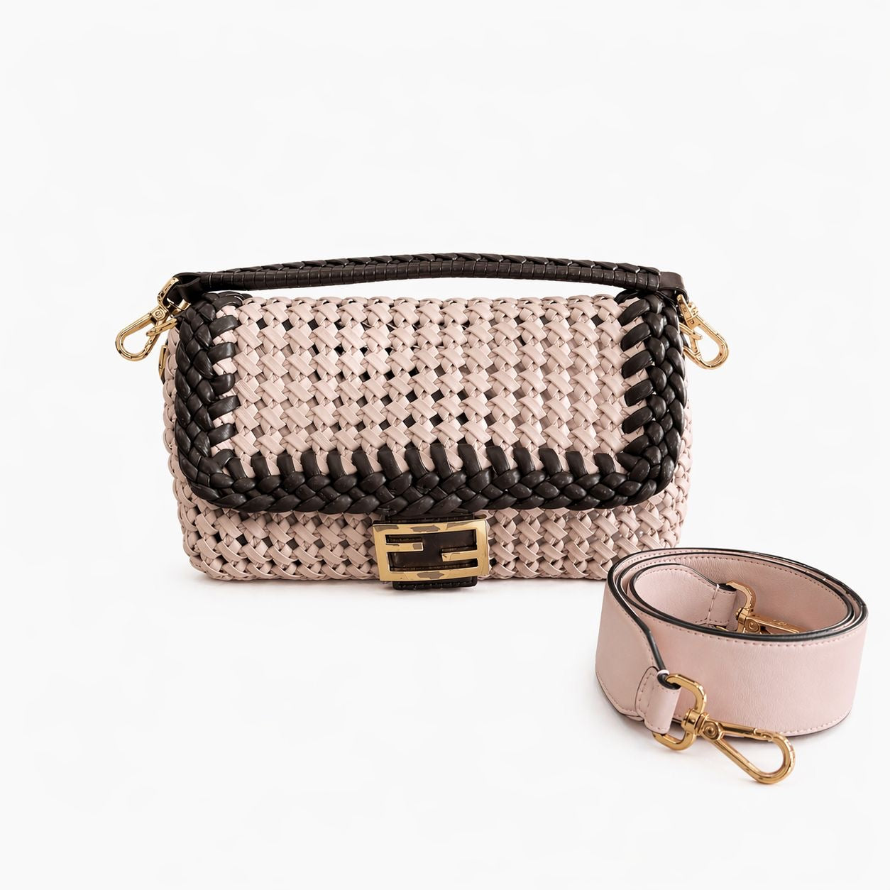 FENDI - *LIMITED EDITION* BAG BAGUETTE INTRECCIATO NAPPA LEATHER PINK AND BROWN