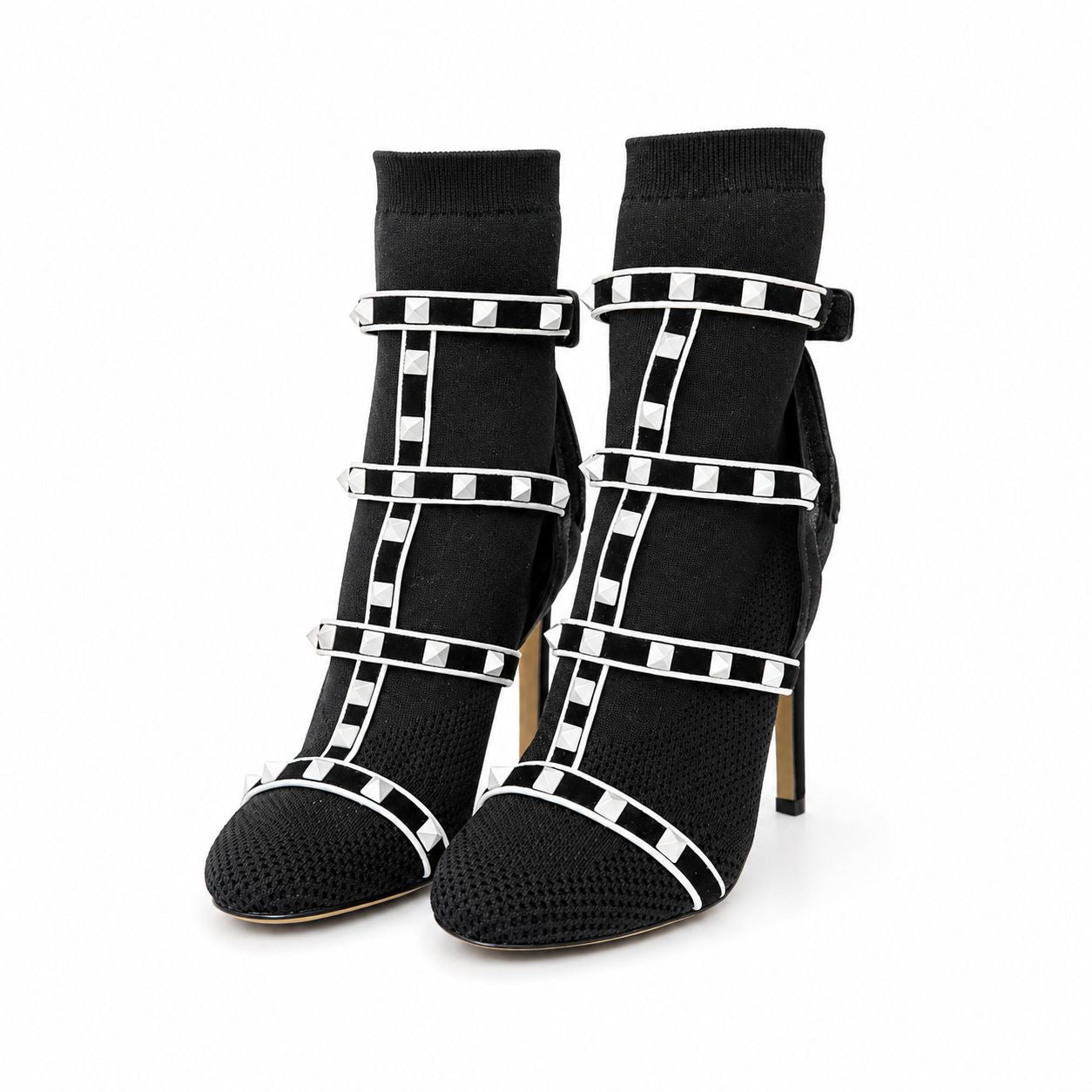 VALENTINO - ANKLE BOOTS ROCKSTUD STRETCH KNIT SOCK BLACK WITH WHITE STUDS SIZE 35 EU