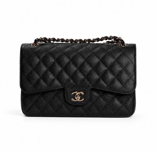 CHANEL - BAG TIMELESS DOUBLE FLAP LARGE BLACK CAVIAR LEATHER SILVER HARDWARE