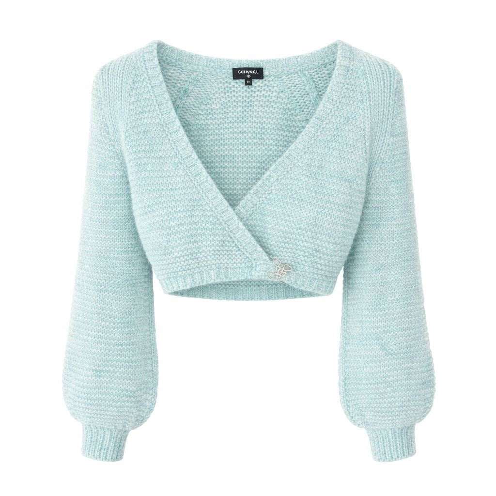 CHANEL - CARDIGAN LIGHT BLUE PUFF SLEEVES AND CC JEWELS LOGO SIZE 34 FR