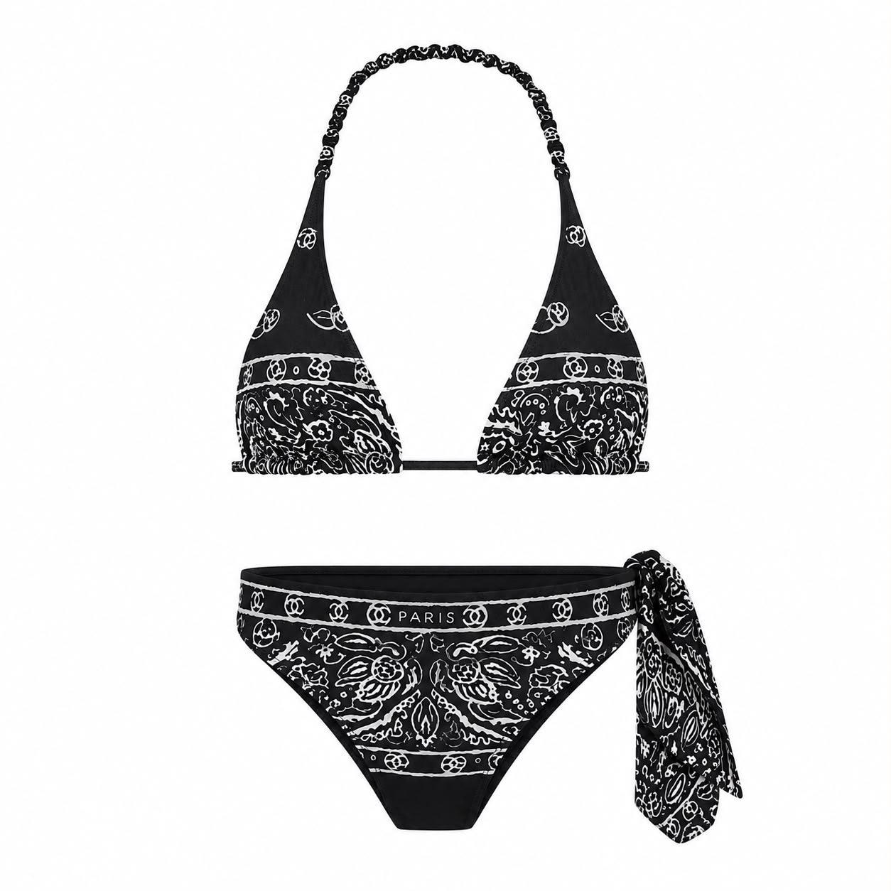 CHANEL - BIKINI BLACK & WHITE CAMELLIA AND LOGO PRINT SIZE 36 FR