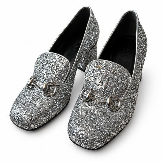 GUCCI – SILVER GLITTER HORSEBIT BLOCK HEEL LOAFERS SIZE 37 EU