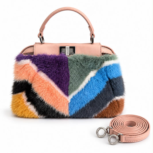 FENDI - BAG PEEKABOO MULTICOLOR PATCHWORK FUR & PINK LEATHER SILVER-TONE HARDWARE