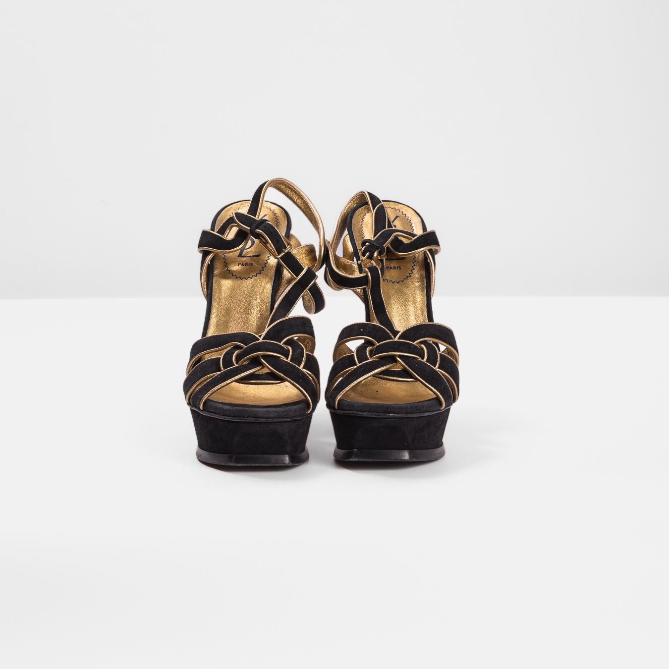 SAINT LAURENT - SANDALS TRIBUTE BLACK SUEDE WITH GOLD TRIM SIZE 37,5 EU