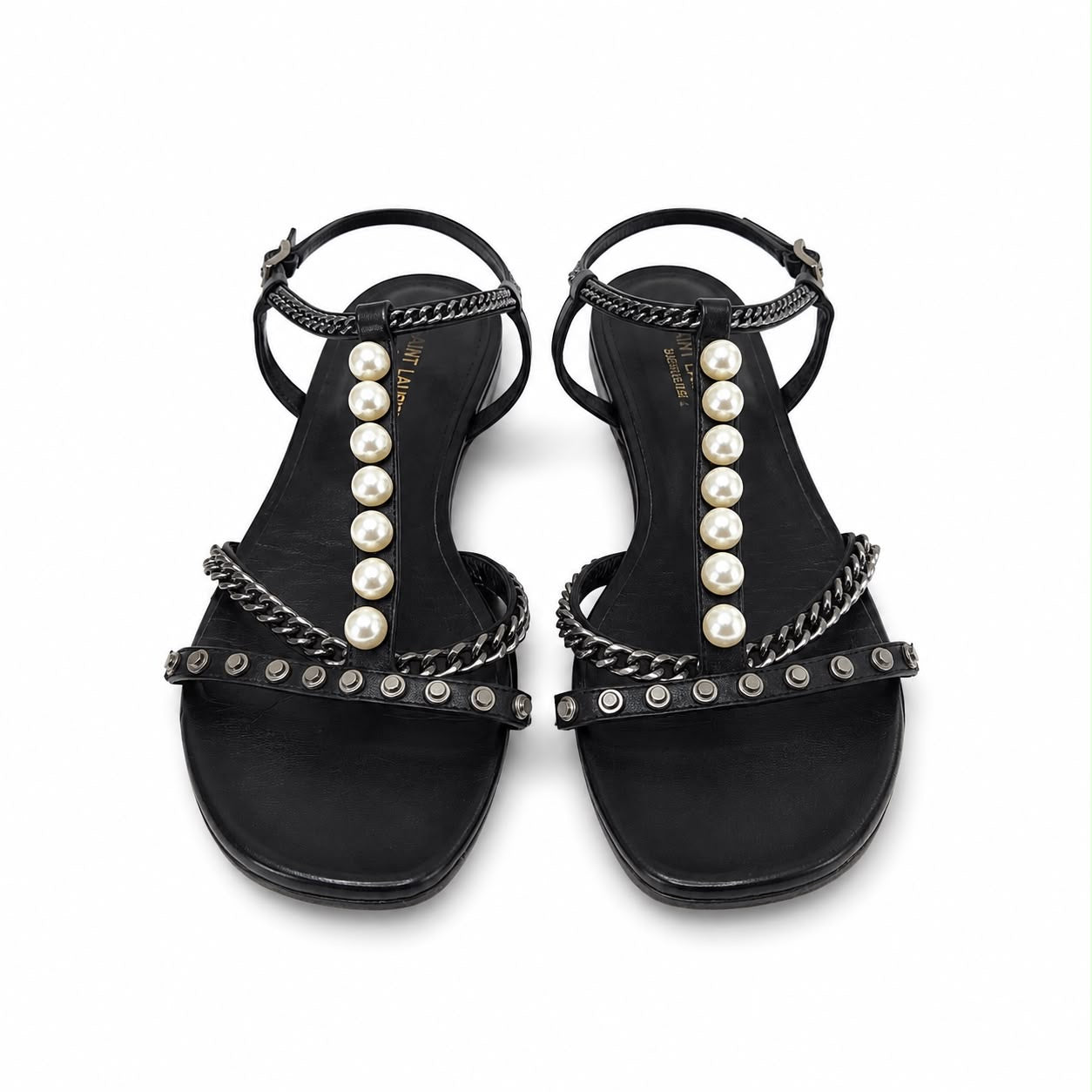 SAINT LAURENT - SANDALS FLAT BLACK LEATHER WITH STUDS CHAIN & PEARLS SIZE 37 EU