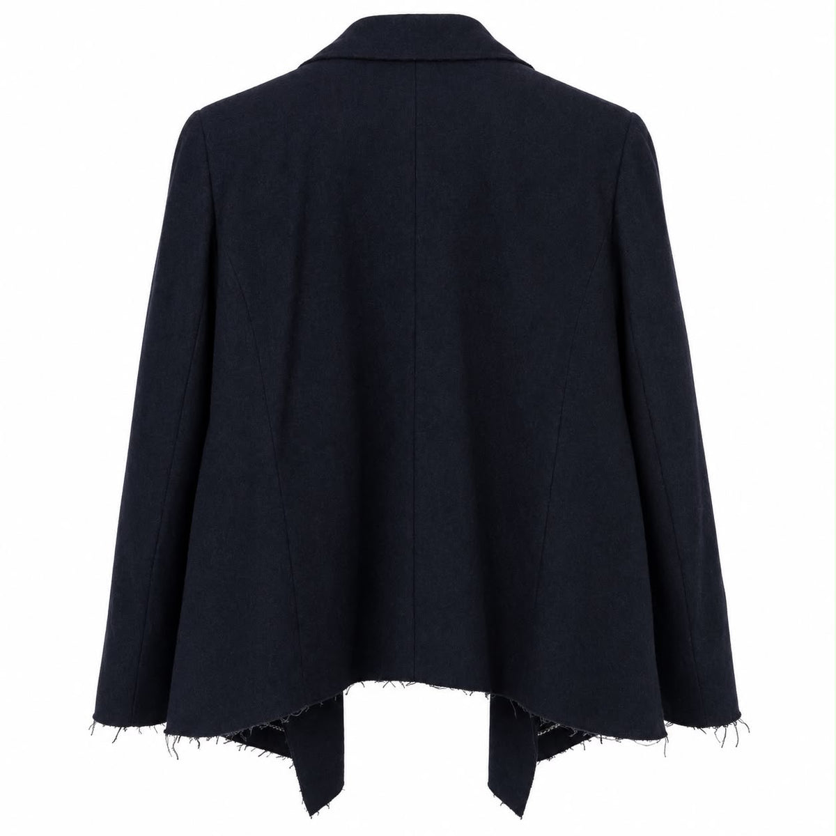 CHANEL - BLAZER BLACK WOOL BLEND RAW-EDGE WITH WHITE CC LOGO BUTTONS SIZE 48 FR