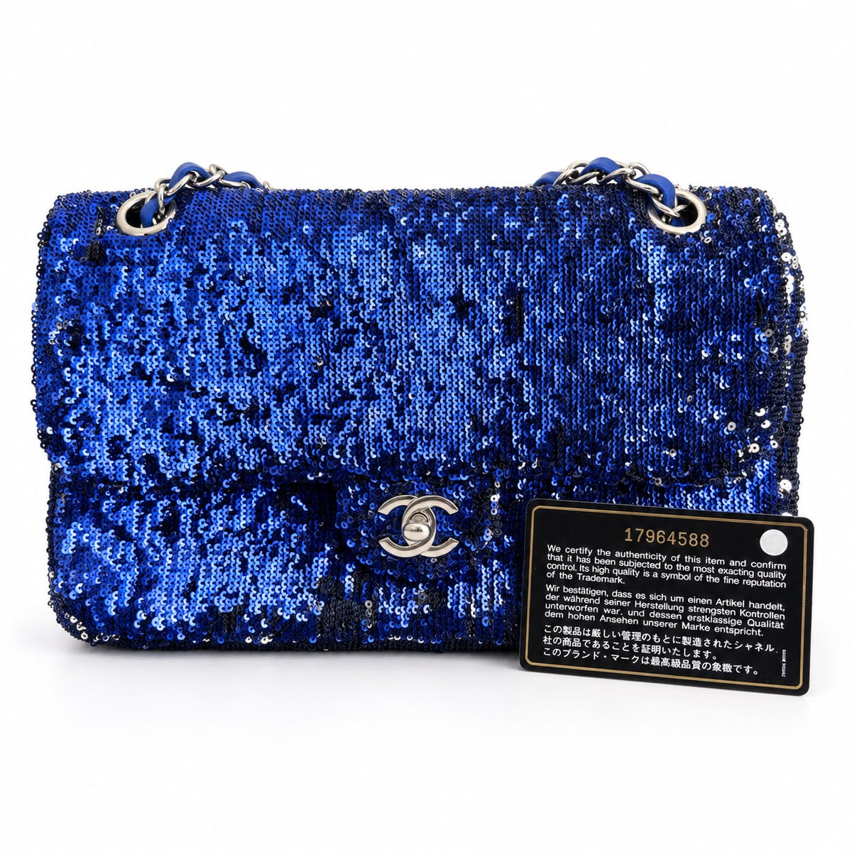 CHANEL - BAG CLASSIC SINGLE FLAP IN BLUE SEQUINS WITH SILVER TONE HARDWARE