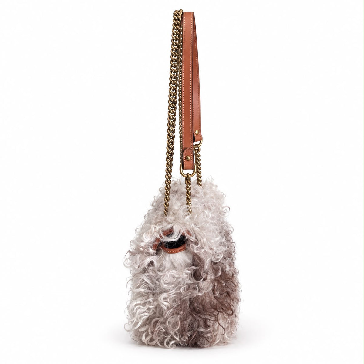 GUCCI - SHOULDER BAG GG MARMONT CURLY SHEARLING IN IVORY & TAUPE WITH ANTIQUE GOLD HARDWARE