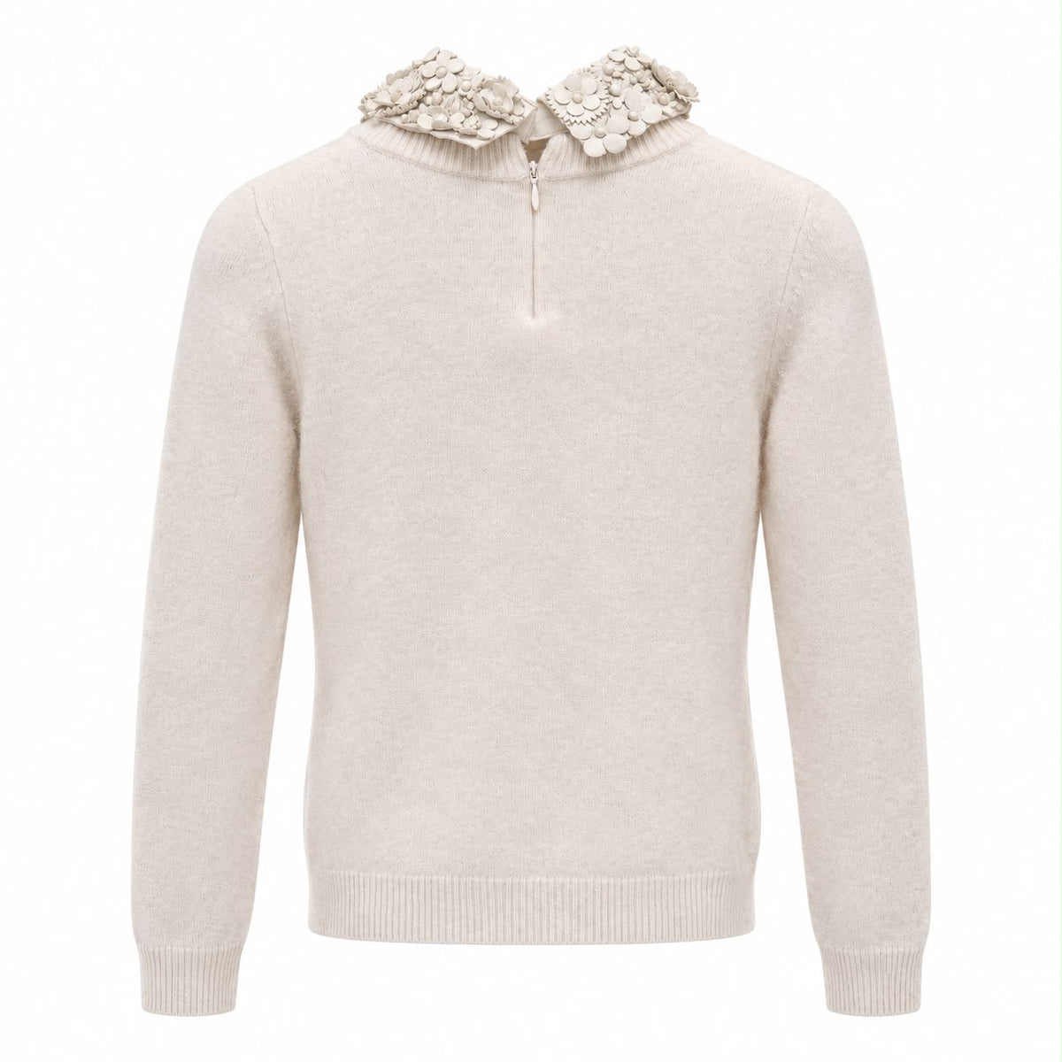 VALENTINO - SWEATER IVORY WOOL & CASHMERE WITH LEATHER FLORAL COLLAR SIZE S