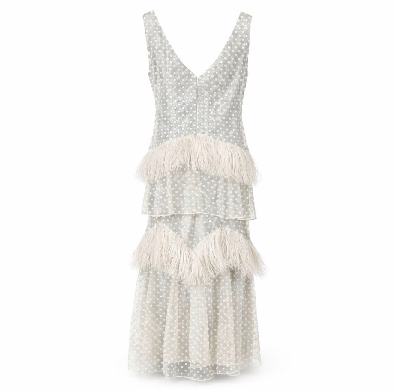 ERDEM - LONG DRESS ECRU LACE POLKA DOTS SEQUINS AND FEATHER SIZE 46 IT