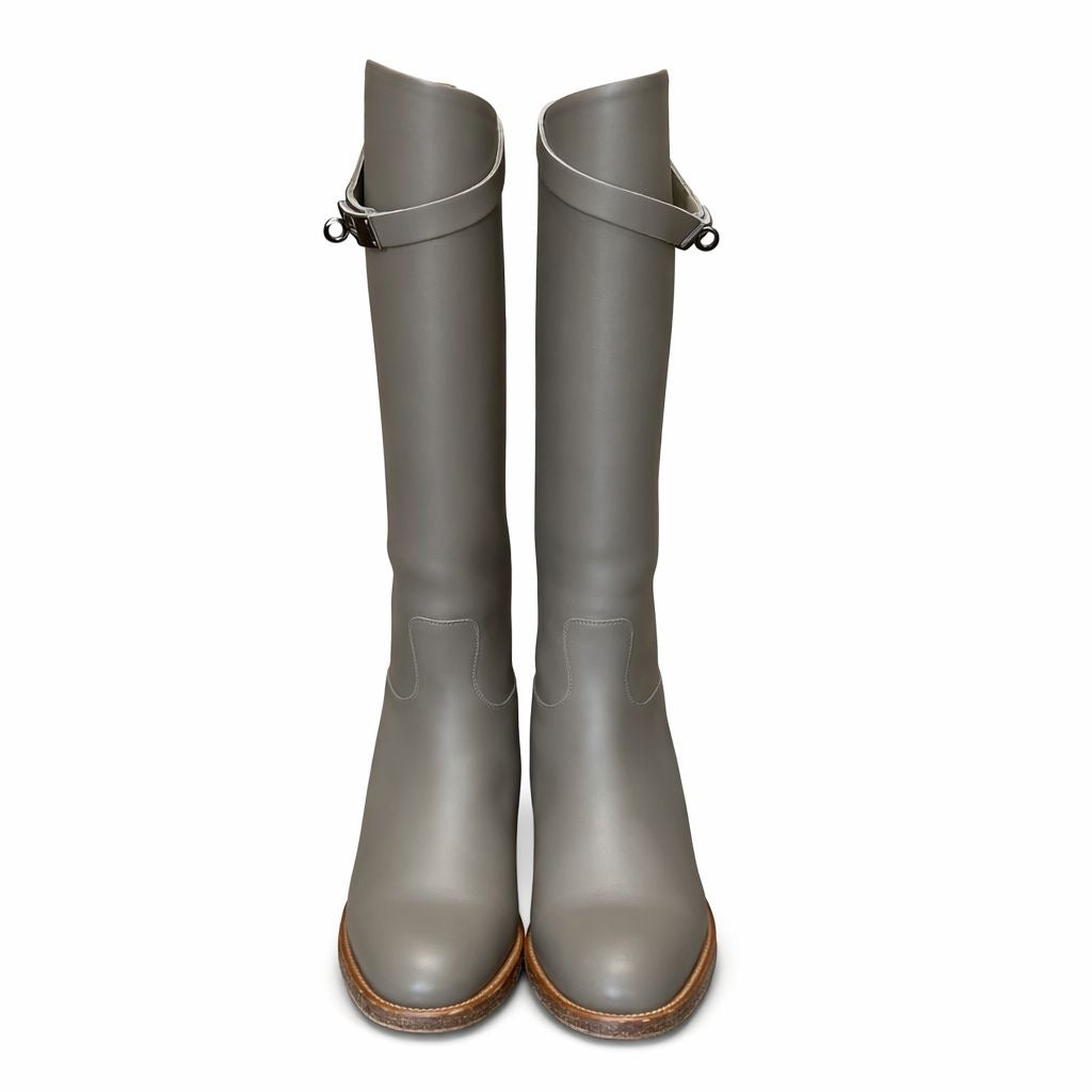 HERMÈS - BOOTS JUMPING LEATHER ÉTOUPE SILVER HARDWARE SIZE 37 EU