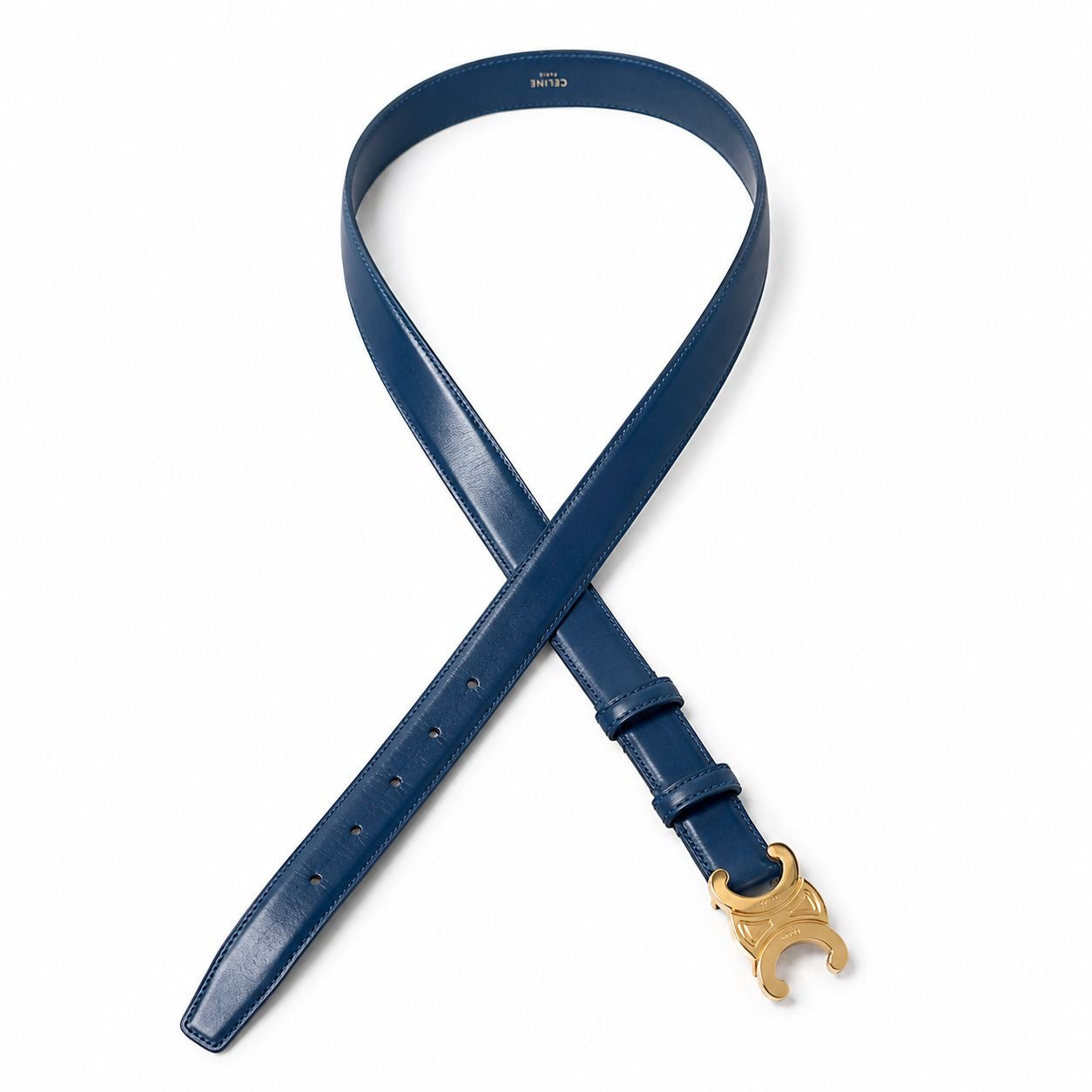 CÉLINE - BELT TRIOMPHE BLUE LEATHER GOLD-FINISHED BUCKLE SIZE 85