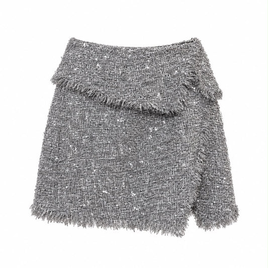 BALMAIN - SKIRT MINI TWEED GREY SEQUIN-EMBELLISHED FRAYED DETAILS SIZE 38 FR