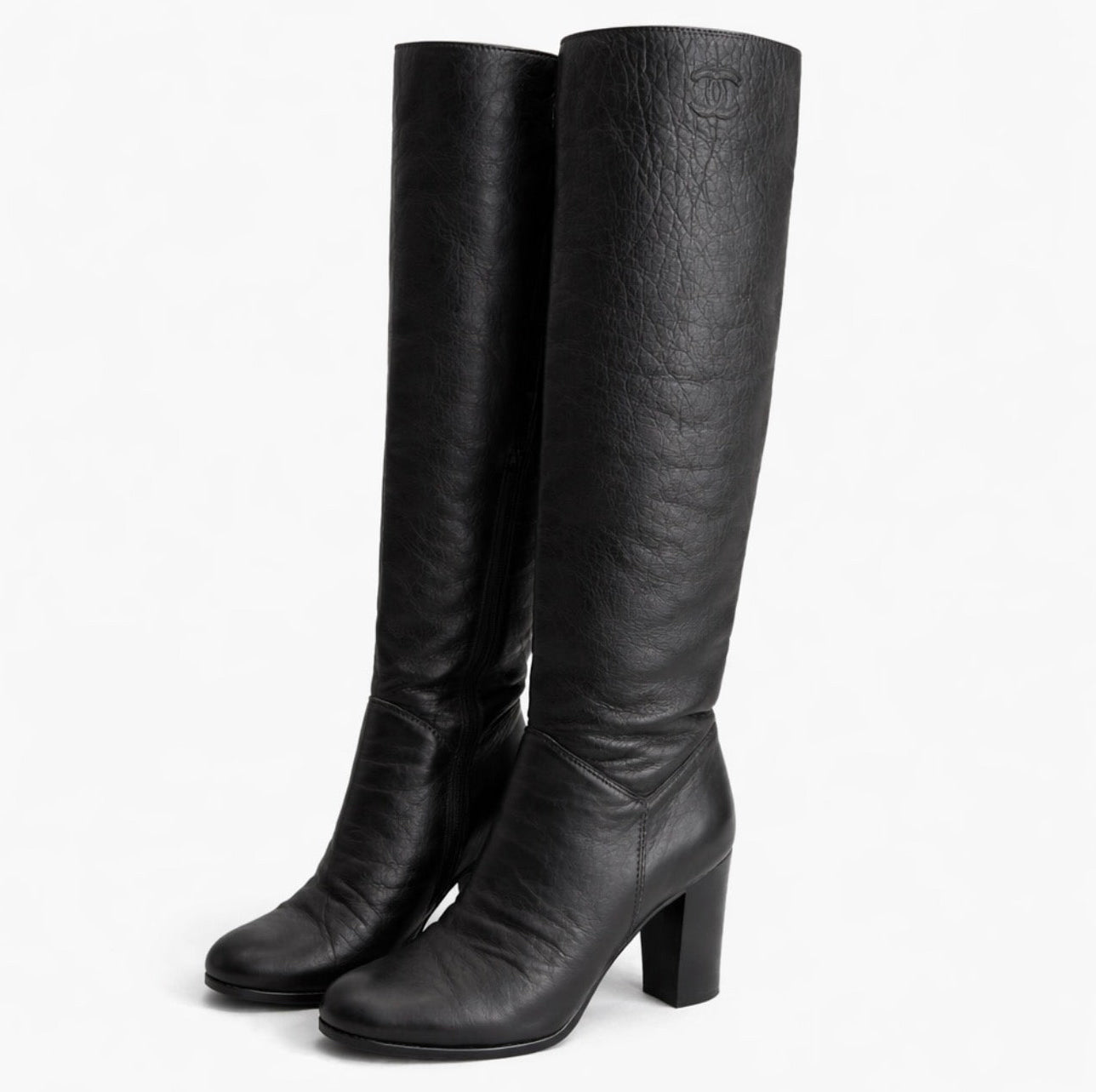 CHANEL - BOOTS HIGH BLACK LEATHER GREY REVERSIBLE LINING SIZE 40 EU