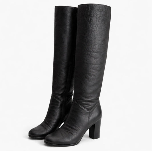 CHANEL - BOOTS HIGH BLACK LEATHER GREY REVERSIBLE LINING SIZE 40 EU