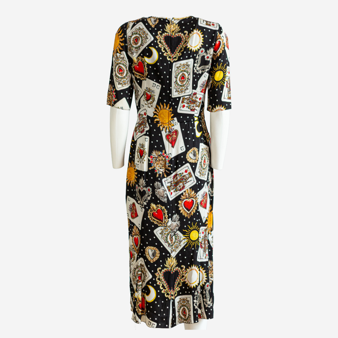 DOLCE & GABBANA - DRESS MIDI BLACK PLAYING CARDS PRINT SILK SIZE M