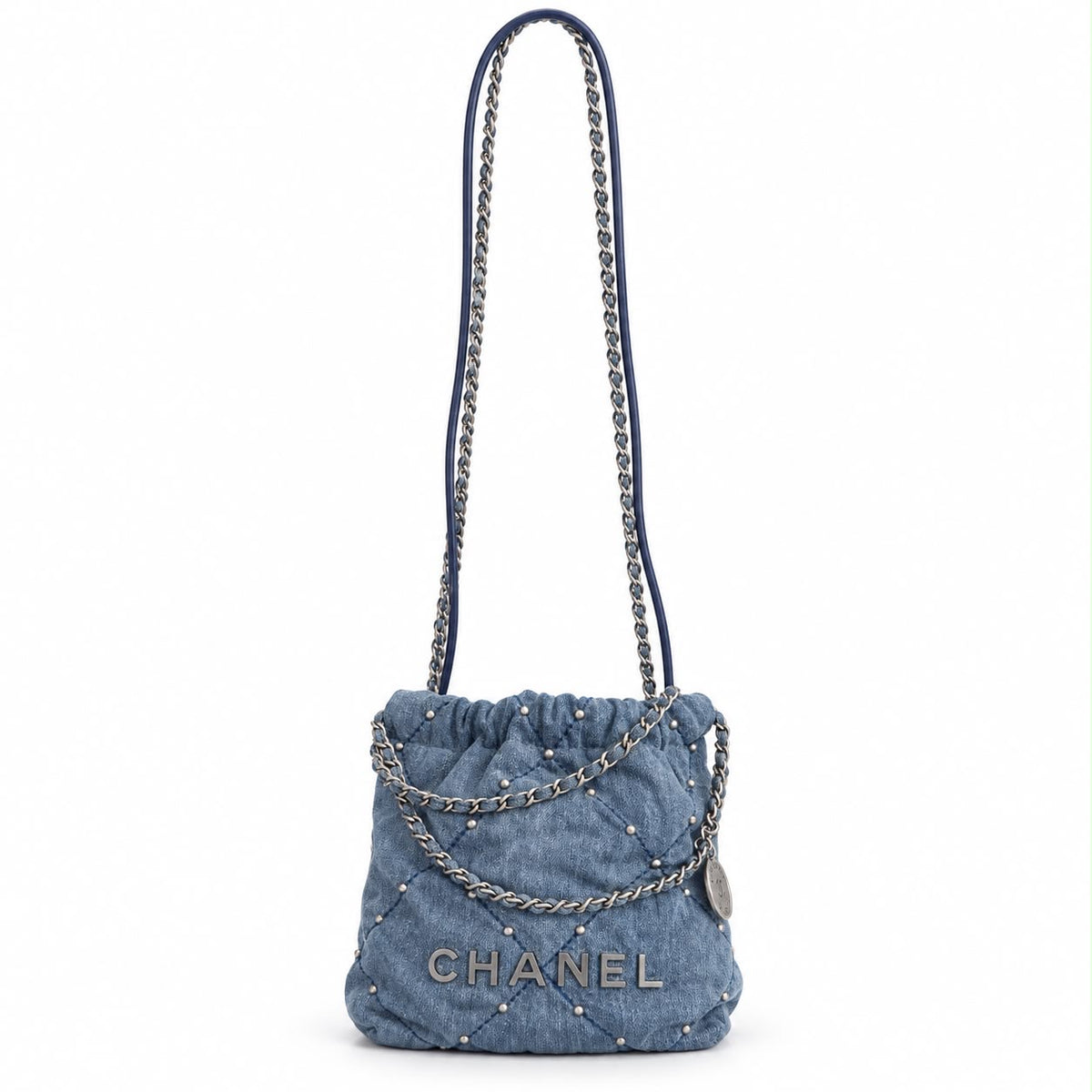 CHANEL – BAG MINI CHANEL 22 QUILTED BLUE DENIM WITH STUDS & SILVER-TONE HARDWARE