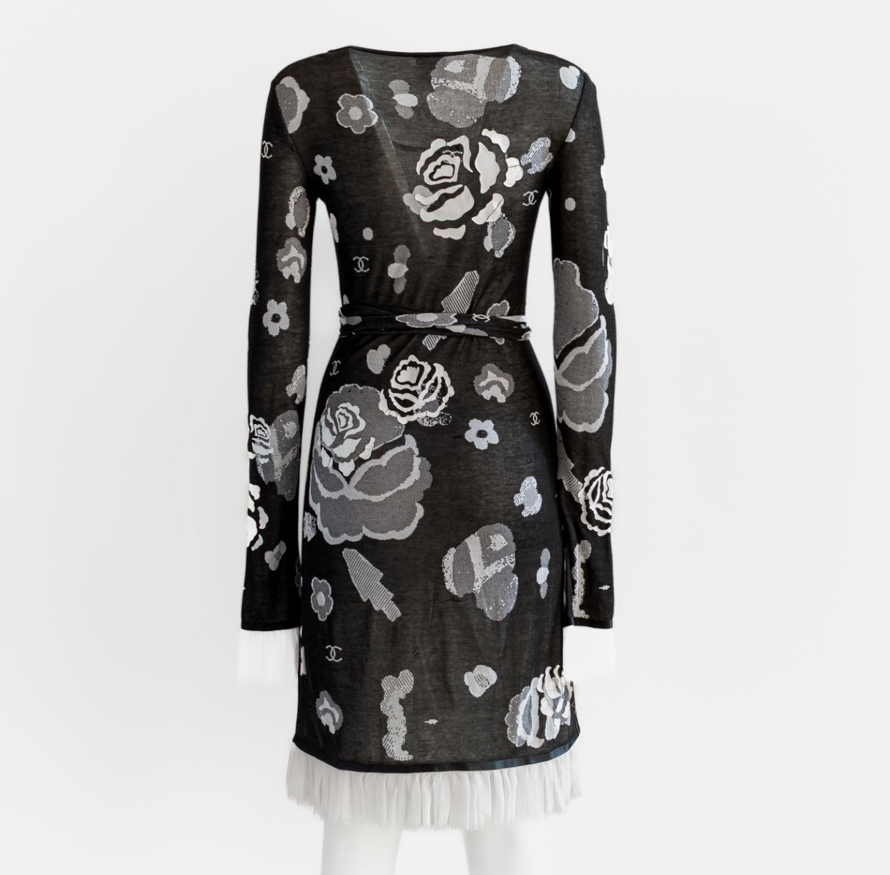 CHANEL - DRESS MIDI BLACK WITH WHITE CAMELLIAS SIZE 36 FR