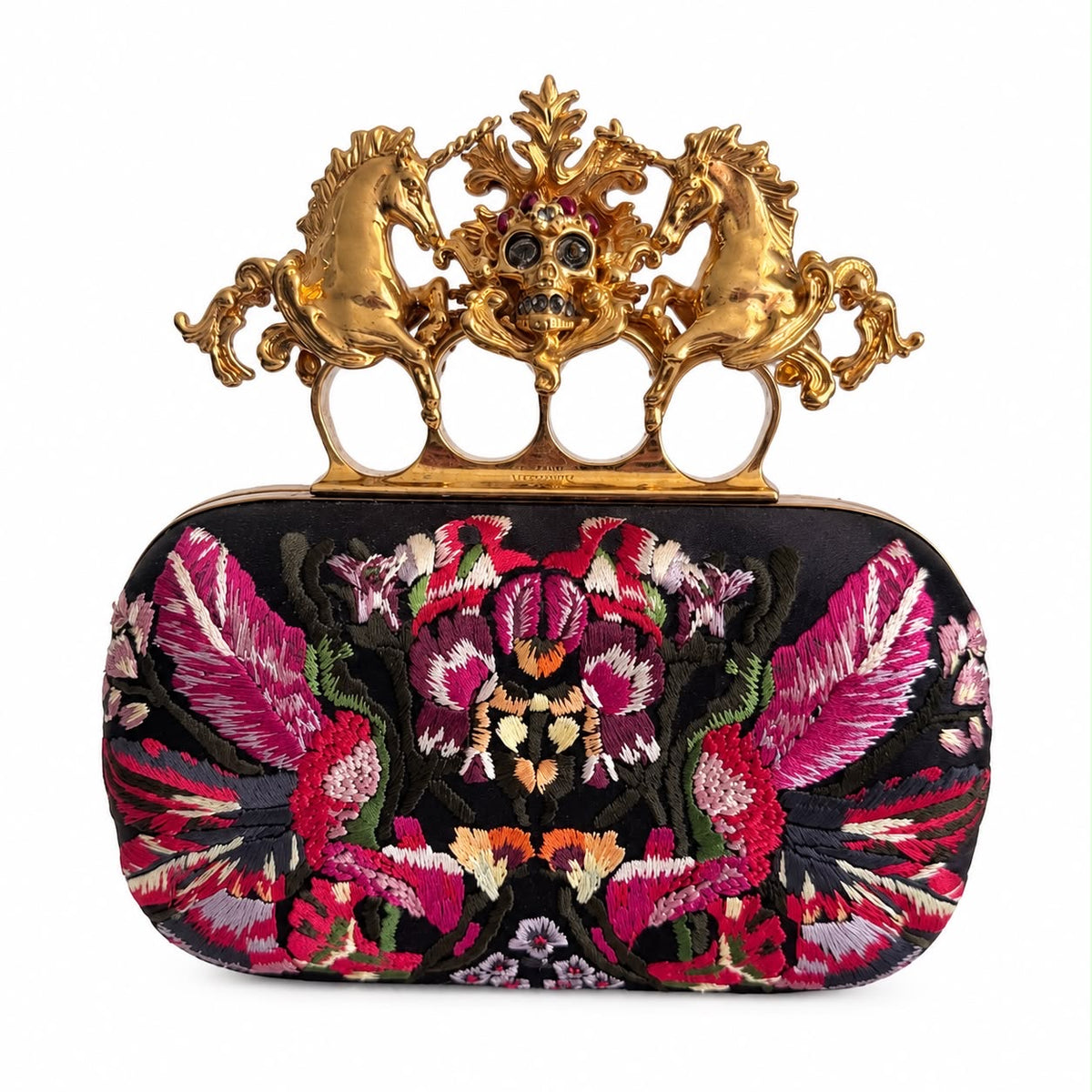 ALEXANDER MCQUEEN - CLUTCH KNUCKLE BOX BLACK MULTICOLOR FLORAL EMBROIDERED WITH GOLD-TONE HARDWARE