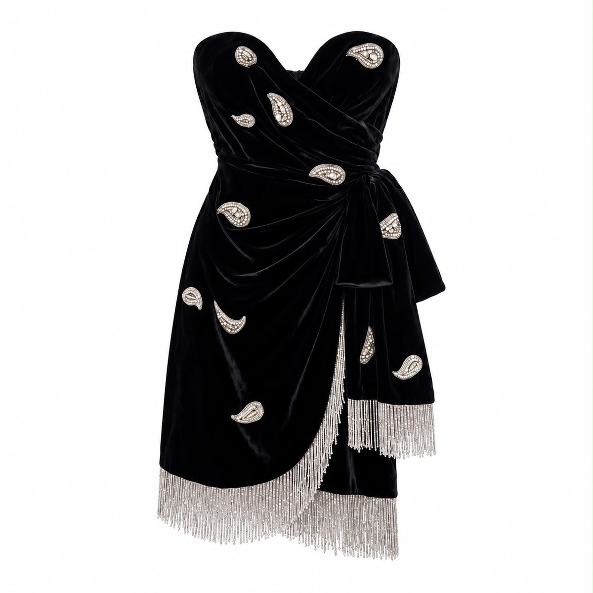 DUNDAS - DRESS MINI VELVET BLACK STRAPLESS CRYSTAL-EMBELLISHED FRINGED SIZE 42 IT