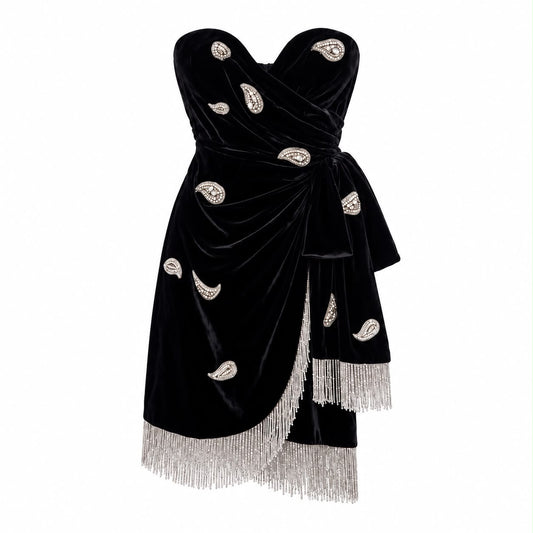 DUNDAS - DRESS MINI VELVET BLACK STRAPLESS CRYSTAL-EMBELLISHED FRINGED SIZE 42 IT