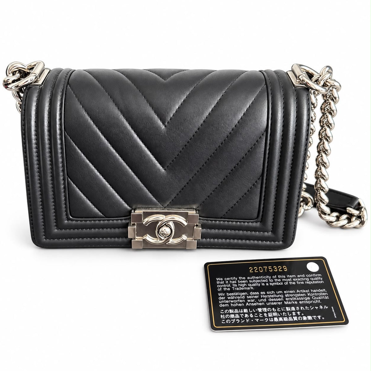 CHANEL – BOY BAG SMALL CHEVRON QUILTED BLACK LEATHER WITH RUTHENIUM HARDWARE