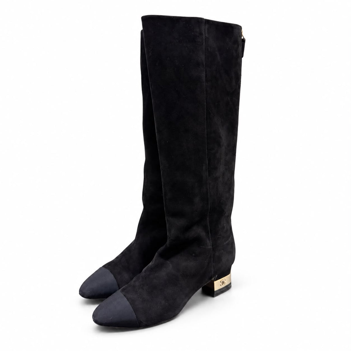 CHANEL - HIGH BOOTS BLACK SUEDE WITH CAP TOE & METALLIC HEEL SIZE 37 C